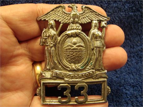 NEW YORK STATE HAT SHIELD #33 - OLDER BADGE WORN BY STATE AND LOCAL DEPARTMENTS