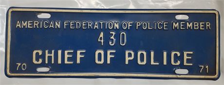 American Federation of Police Member Chief # 430 License Plate Topper 1970-1971