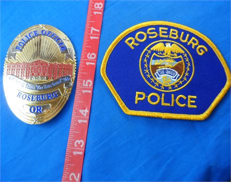 Oregon- Roseburg Police Officer Badge 3-1/2" Goldtone and Patch