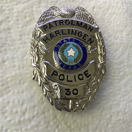 Patrolman Harlingen Tex. Police badge NO SHIPPING TO TEXAS UNLESS YOU ARE A LEO