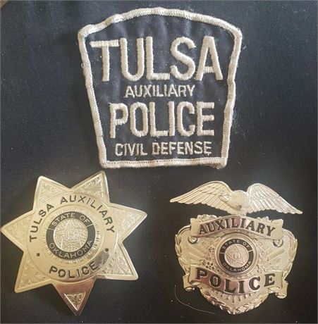 Vintage Tulsa Oklahoma Civil Defense seven point star, hat badge & patch.