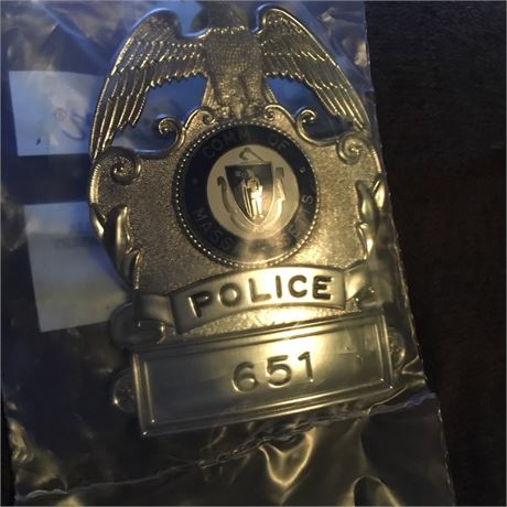 Massachusetts Police Hat Badge still sealed in Blackinton bag