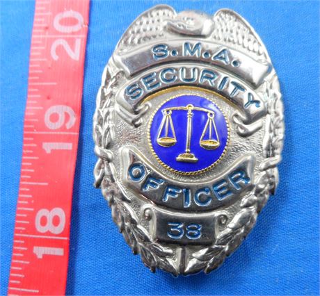 SMA Security Officer Badge 2-1/2" Silvertone Eagle Top Shield Enamel Vintage 38