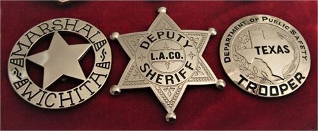 3 x Police badges, Marshal Wichita, Sheriff Los Angeles County, Trooper Texas